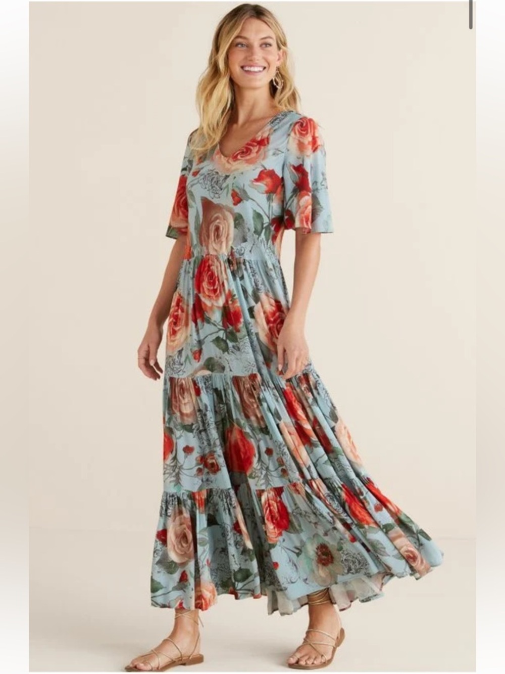 Soft Surroundings Blue Floral Tiered First Blooms Maxi Dress Size Large - Picture 12 of 14